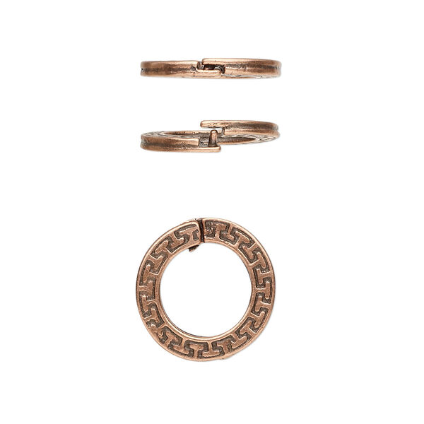 Loop Lock™, JBB Findings, antique copper-plated pewter (tin-based alloy), 15mm double-sided flat round with geometric design and ridged edge. Sold per pkg of 4. image number 0
