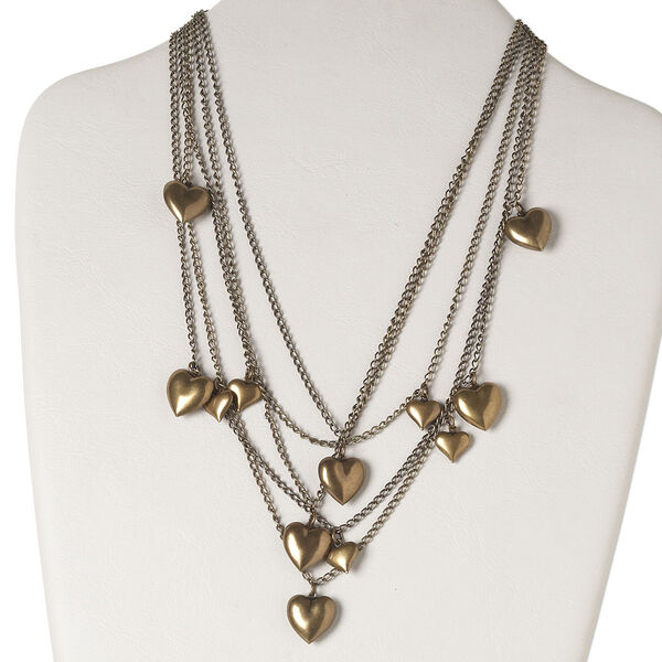 Necklace, 5-strand, antiqued gold-plated brass, 16x16mm puffed heart, 16 inches and 3-inch extender chain and lobster claw clasp. Sold individually. image number 0