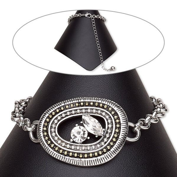 Bracelet, glass rhinestone / brass / silver-plated brass / antique silver-plated steel / "pewter" (zinc-based alloy), clear, 35x27mm open oval, 6-1/2 inches with 2-inch extender chain and lobster claw clasp. Sold individually. image number 0