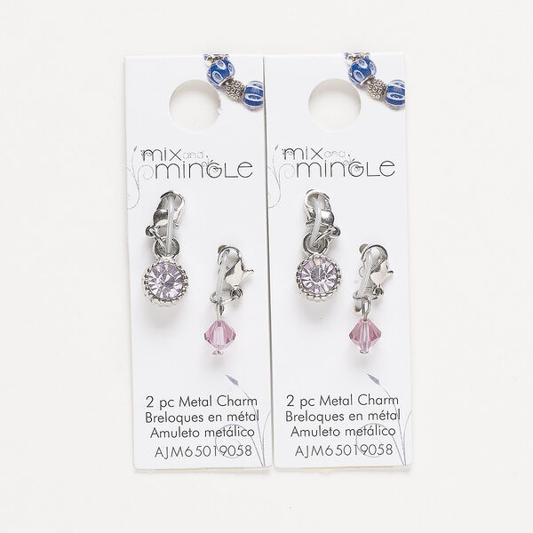 Drop, silver-finished "pewter" (zinc-based alloy) / steel / glass, light pink, 22x7mm single-sided and 24x9mm single-sided with lobster claw clasp. Sold per pkg of (2) 2-piece sets. image number 0
