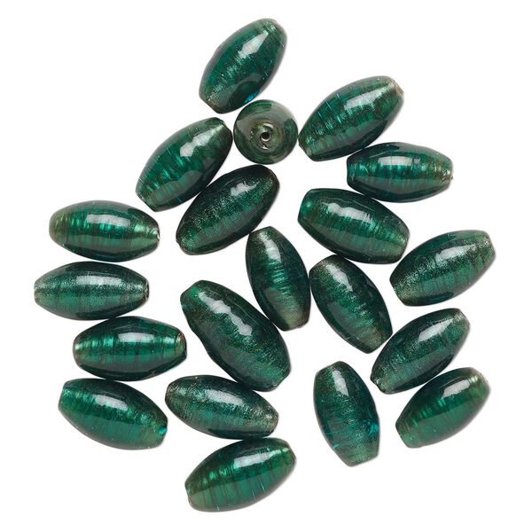 Bead, lampworked glass, translucent emerald green, 25x14mm oval with copper-colored glitter. Sold per pkg of 20. image number 0