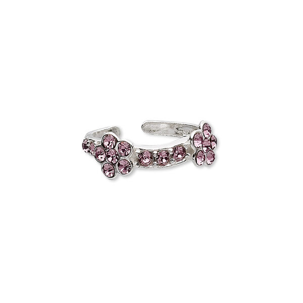 Toe ring, sterling silver and glass rhinestone, purple, 3mm wide with 6mm flower, adjustable. Sold individually. image number 0