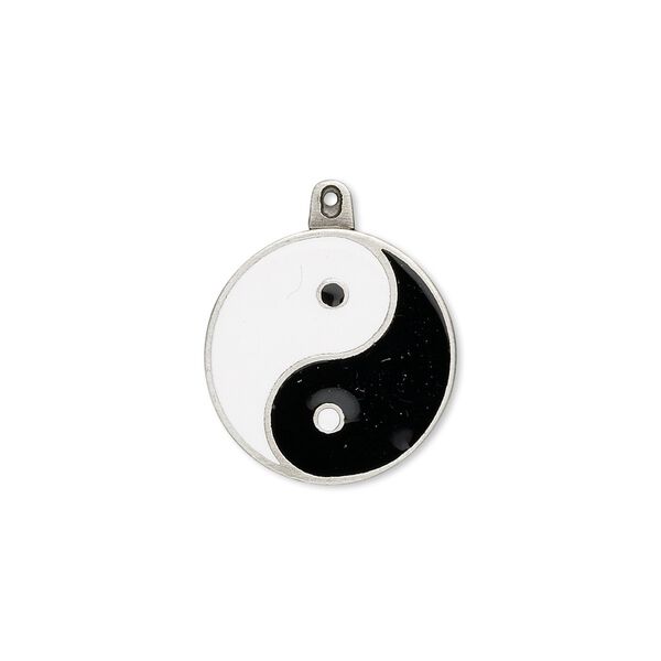 Charm, "pewter" (zinc-based alloy) and enamel, black and white, 20mm yin-yang round. Sold individually. image number 0