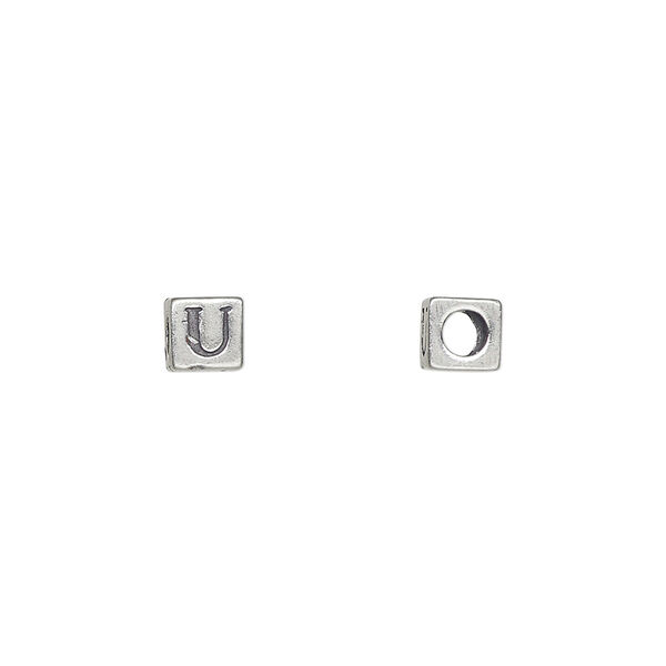 Bead, Dione®, alphabet bead, sterling silver, 5.5mm cube with alphabet letter "U." Sold individually. image number 0