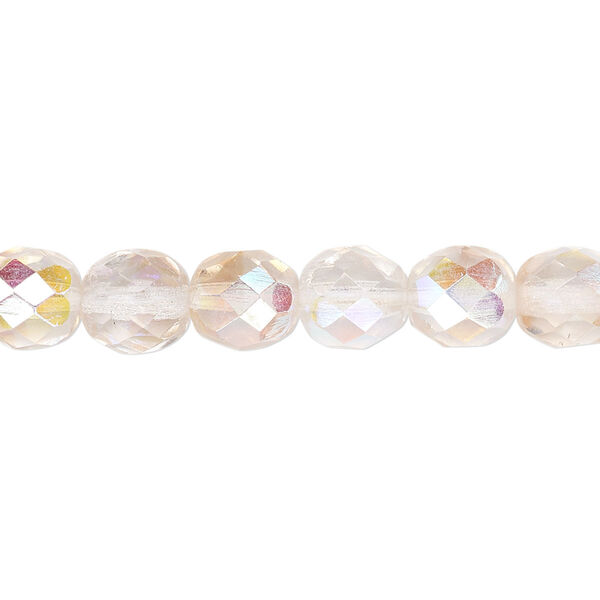 Bead, Czech fire-polished glass, two-tone, crystal/rose AB, 8mm faceted round. Sold per 15-1/2" to 16" strand. image number 0