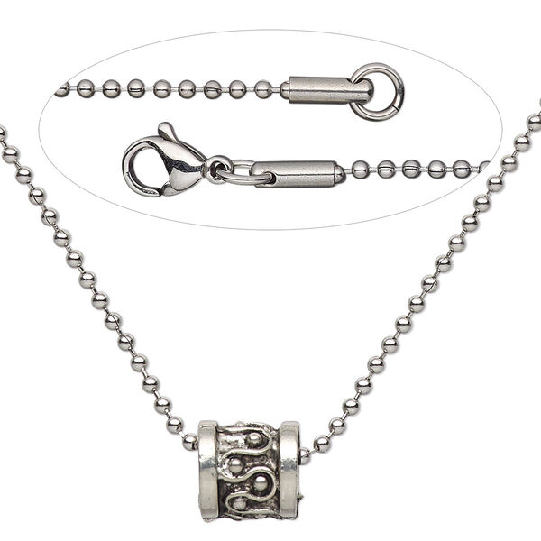 Necklace, Simple and Sleek Jewelry™, antiqued pewter bead and stainless steel chain, 16 inches. Sold individually. image number 0