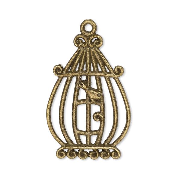 Focal, antiqued brass-finished "pewter" (zinc-based alloy), 31x21mm single-side bird in cage. Sold per pkg of 4. image number 0