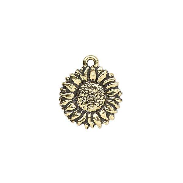 Charm, TierraCast®, antique gold-plated pewter (tin-based alloy), 15mm double-sided sunflower. Sold per pkg of 2. image number 0