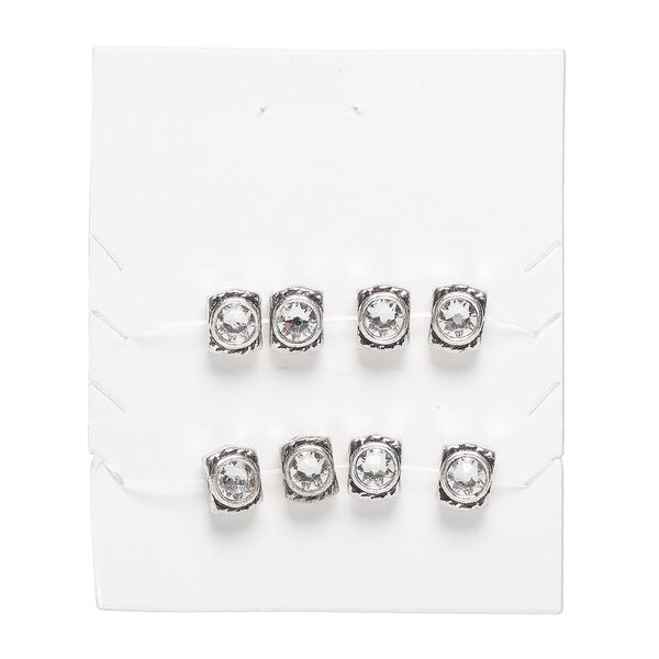 Bead, "pewter" (zinc-based alloy) and crystal, pkg/8, 9x7mm rectangle, antique silver finish and clear. image number 0