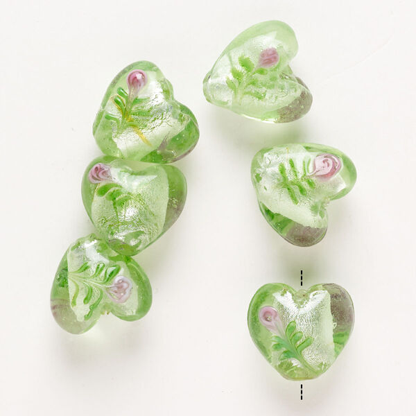 Bead, lampworked glass, pkg/6, opaque and translucent green and pink with silver-colored foil, 18-20mm puffed heart with flower design. image number 0