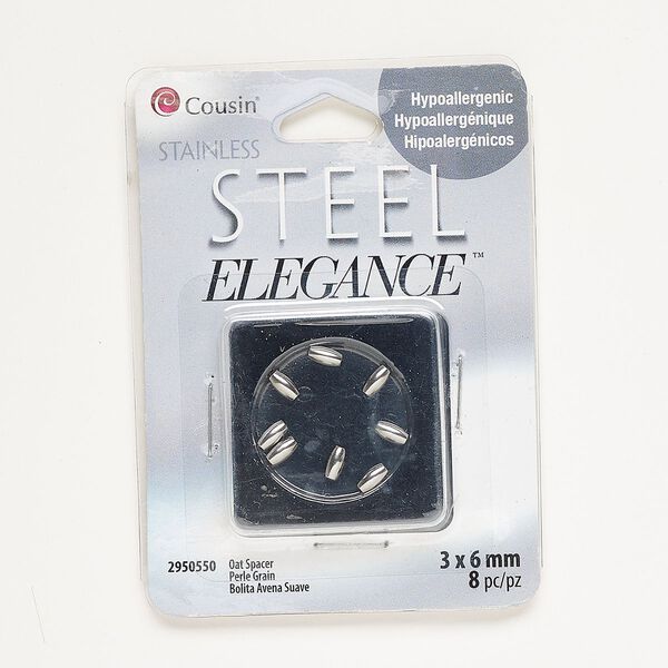 Bead, silver-finished stainless steel, 6x3mm oval. Sold per pkg of 8. image number 0