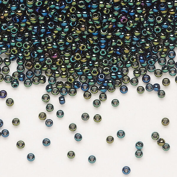 Seed bead, Preciosa Ornela Czech glass, pkg/500g, #11 rocaille, opaque green iris black, (59155). image number 0