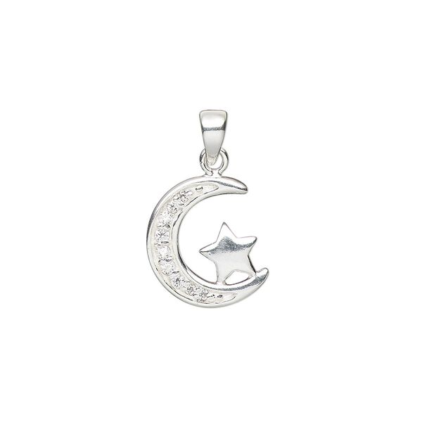 Pendant, cubic zirconia and sterling silver, clear, 14x12mm single-sided moon with star. Sold individually. image number 0