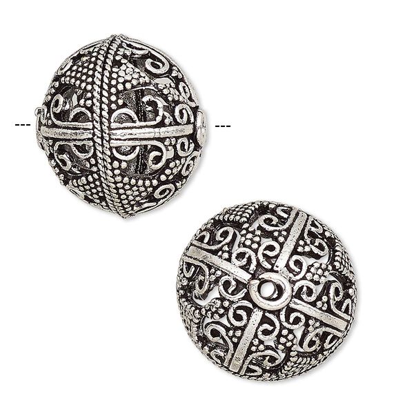 Bead, antique silver-plated brass, 18mm beaded round with swirls and cutouts. Sold individually. image number 0