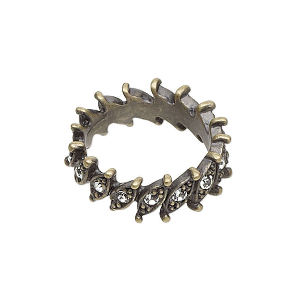 Ring, antiqued brass-finished "pewter" (zinc-based alloy) and glass rhinestone, clear, 8mm wide with marquise design, size 8. Sold individually. image number 0