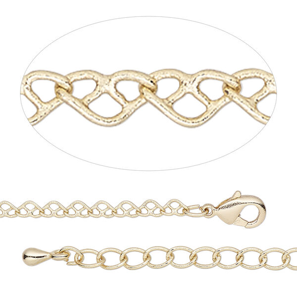 Chain, gold-finished brass, 2.6mm heart, 18 inches with 2-inch extender chain and lobster claw clasp. Sold individually. image number 0