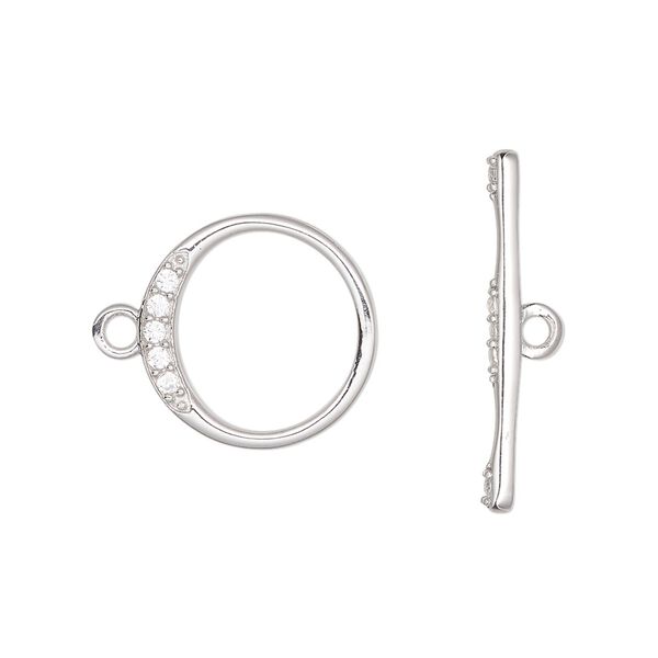 Clasp, toggle, cubic zirconia and rhodium-plated sterling silver, clear, 16mm hand-cut round. Sold individually. image number 0