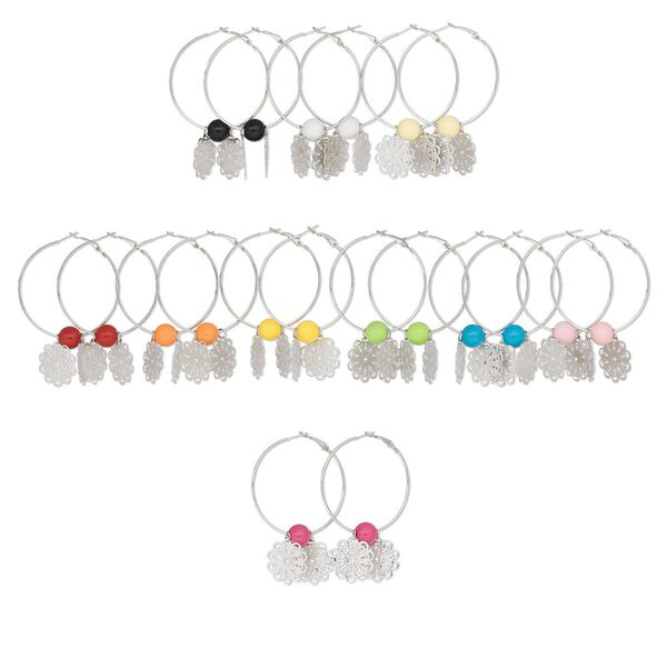Earring mix, imitation rhodium-finished steel and acrylic, mixed colors, 11mm round and 23mm filigree flowers, 50mm round hoops with hinge closures. Sold per pkg of 10 pairs. image number 0