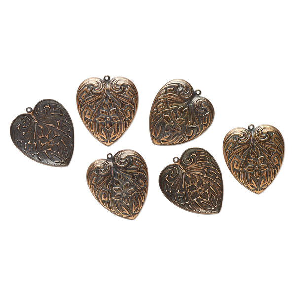 Charm, antique copper-finished steel, 29x26mm single-sided domed stamped heart with flower and lines. Sold per pkg of 6. image number 0