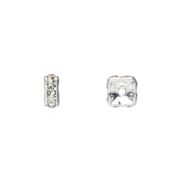 Bead, glass rhinestone and silver-plated brass, clear, 6x3mm squaredelle. Sold per pkg of 10. image number 0