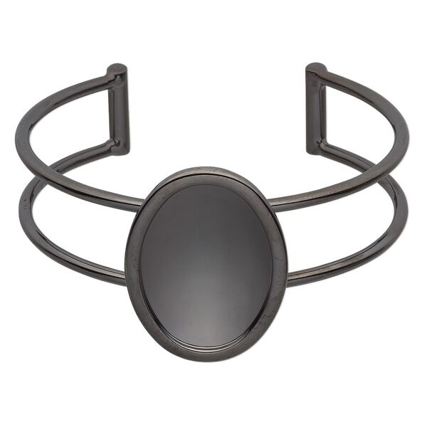 Bracelet, Almost Instant Jewelry®, cuff, gunmetal-plated brass and "pewter" (zinc-based alloy), 65x35mm with 30x22mm oval setting, adjustable. Sold individually. image number 0