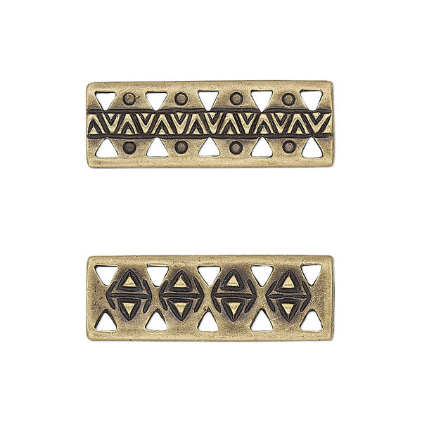 Link, TierraCast®, antique brass-plated pewter, 26x9mm 5-strand two-sided woven rectangle bar with rhythm theme. Sold per pkg of 4. image number 0