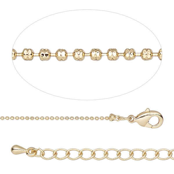 Chain, gold finish brass, 1mm ball, 18 inches with 2-inch extender chain and lobster claw clasp. Sold individually. image number 0