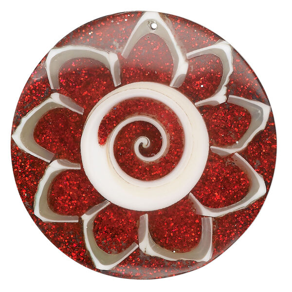 Focal, tapestry turban shell (assembled), red, 40mm top-drilled round with flower, Mohs hardness 3-1/2. Sold individually. image number 0
