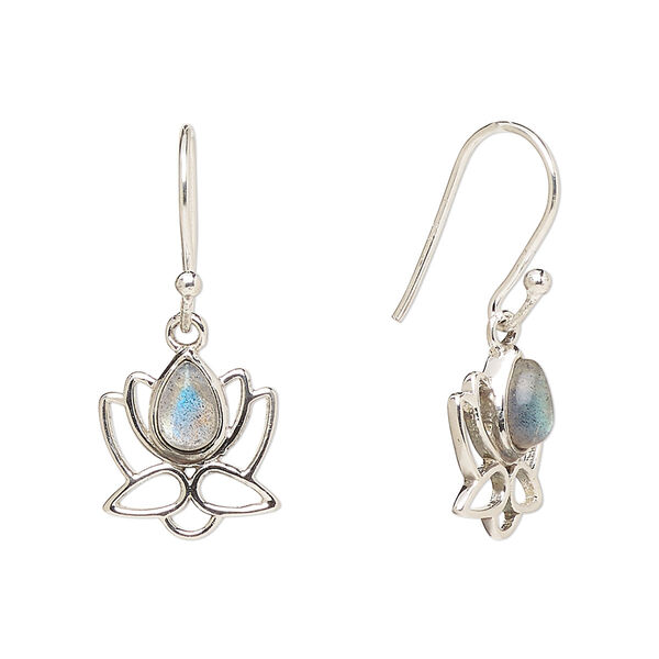 Ear wire, Create Compliments®, antiqued sterling silver and labradorite (natural), fishhook, 26.5mm with 12mm single-sided open lotus, 21 gauge. Sold per pair. image number 0