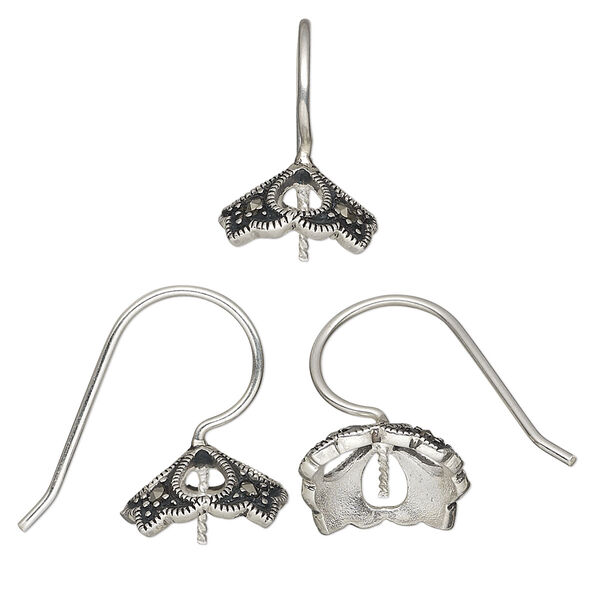 Ear wire, marcasite (natural) and antiqued sterling silver, 19mm fishhook with fancy square and teardrop cutouts with 0.8mm twisted peg, fits 12-14mm half-drilled bead, 18 gauge. Sold per pair. image number 0