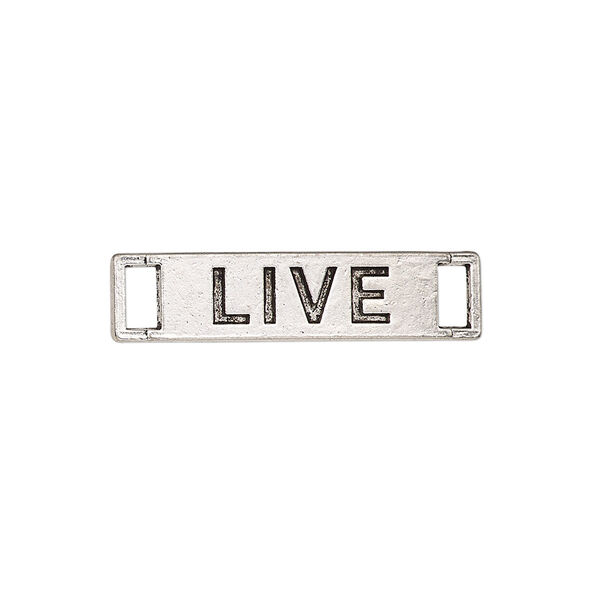 Link, antique silver-finished "pewter" (zinc-based alloy), 27.5x6.5mm single-sided curved flat rectangle with "LIVE." Sold per pkg of 2. image number 0