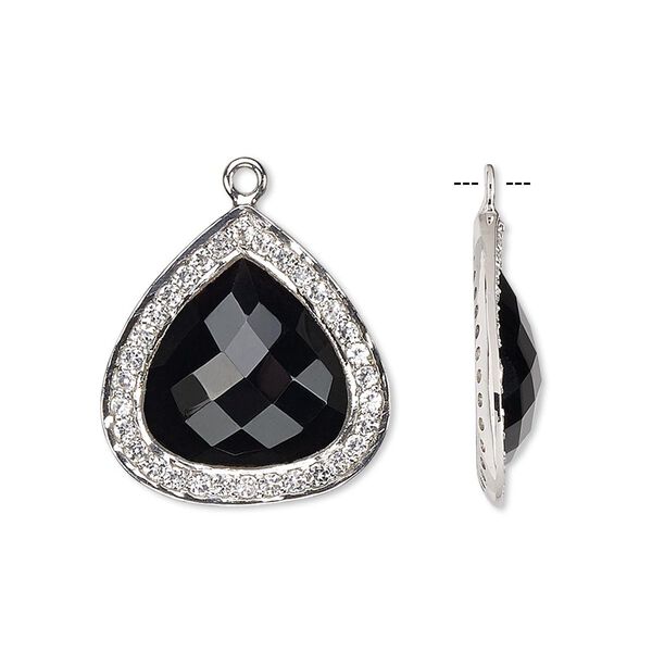 Drop, black onyx (dyed) / white topaz (natural) / sterling silver, 20x20mm single-sided faceted teardrop. Sold individually. image number 0