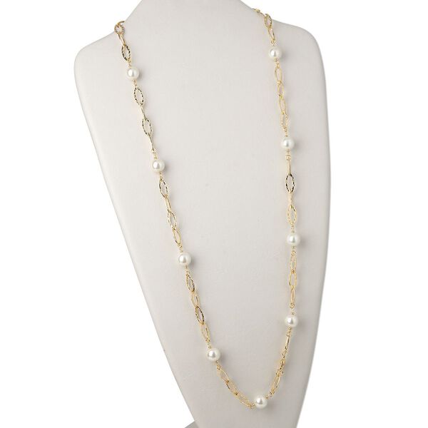 Necklace, glass and gold-plated brass, white, marquise link, 34 inches with lobster claw clasp. Sold individually. image number 0