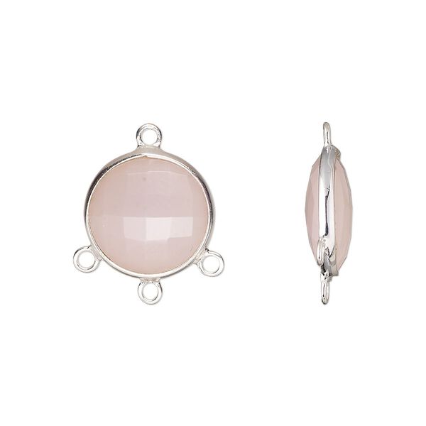 Drop, sterling silver and pink chalcedony (dyed), 14mm hand-cut double-sided faceted puffed flat round with 3 closed loops, Mohs hardness 6-1/2 to 7. Sold individually. image number 0