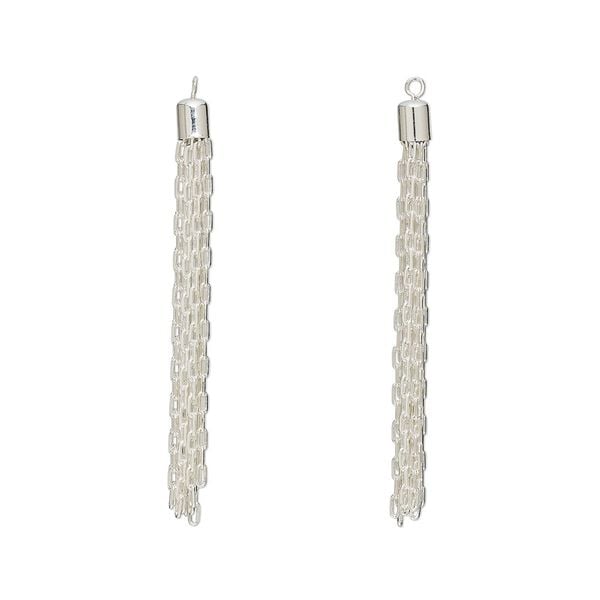 Focal, silver-plated brass, 3 x 1/4 inch tassel with cable chain. Sold per pkg of 2. image number 0