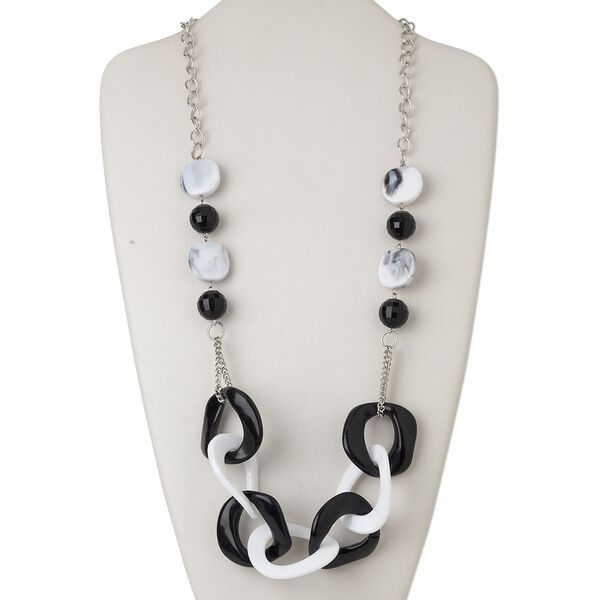 Necklace, acrylic and silver-finished steel, white and black, donut, 33-inch continuous loop. Sold individually. image number 0