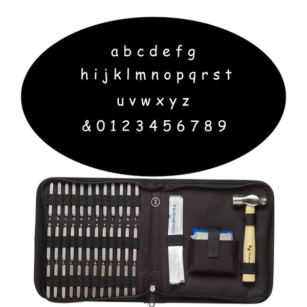 Stamp punch set, steel / wood / fabric, black, alphabetical lowercase letters a-z / numbers 0-9 / "&" symbol, includes ball peen hammer and steel block. Sold per 40-piece set. image number 0