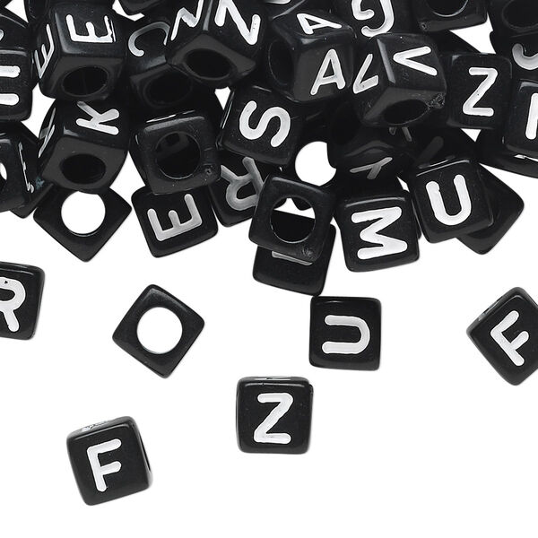Bead mix, acrylic, opaque black and white, 6mm cube with alphabet letters. Sold per pkg of 100. image number 0