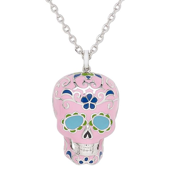 Necklace, enamel / glass rhinestone / silver-plated brass, multicolored, 34x26mm Dia de Los Muertos skull with flower and swirl design, 24 inches with 2-inch extender chain and lobster claw clasp. Sold individually. image number 0