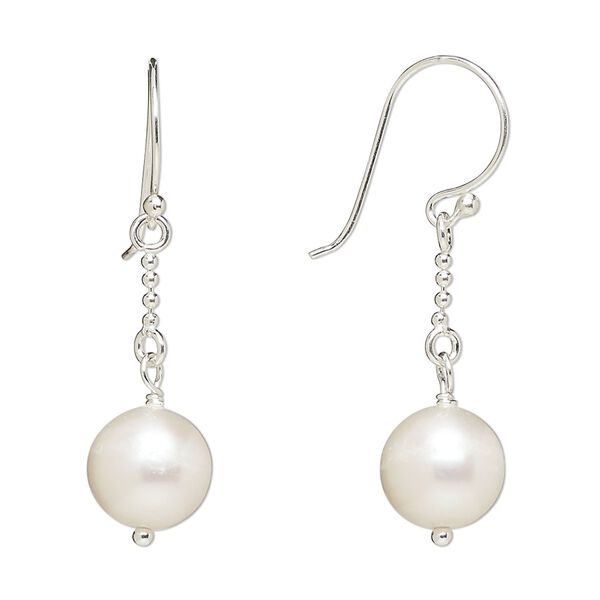 Earring, Create Compliments®, cultured freshwater pearl (bleached) and sterling silver, 35mm with 9mm round and fishhook ear wire, 21 gauge. Sold per pair. image number 0