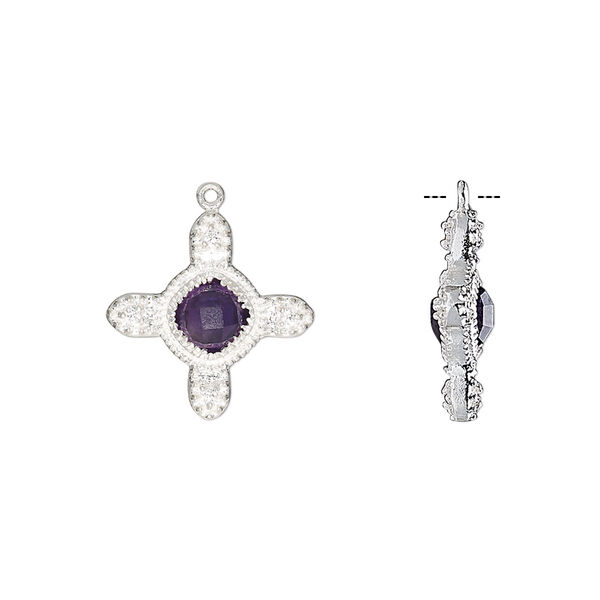 Drop, amethyst (natural) / sterling silver / cubic zirconia, clear, 15mm double-sided cross. Sold individually. image number 0