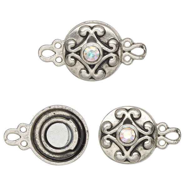 Clasp, magnetic, silver-finished "pewter" (zinc-based alloy) and glass, clear AB, 12mm double-sided round. Sold per pkg of 2. image number 0