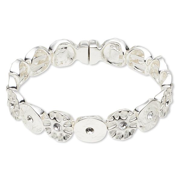 Bracelet, bangle, crystals and silver-plated "pewter" (zinc-based alloy), crystal clear, 12mm textured round, 6-1/2 inches with magnetic clasp. Sold individually. image number 0