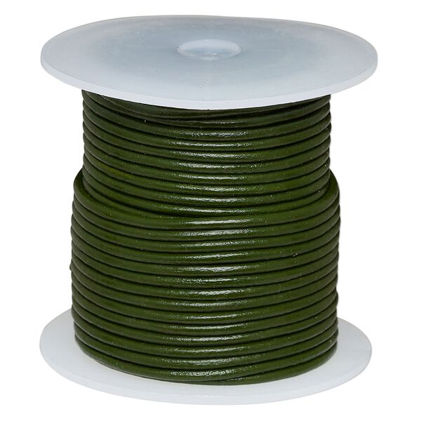 Cord, leather (dyed), dark green, 2mm round. Sold per 25-yard spool. image number 0