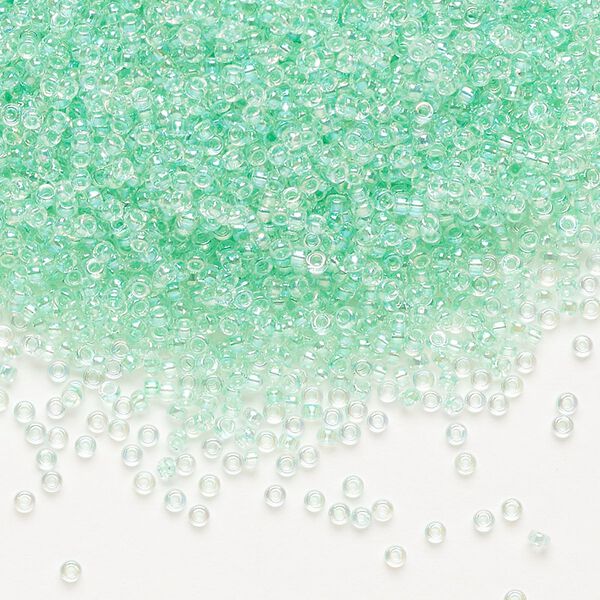 Seed bead, Miyuki, glass, pkg/250g, #15 rocaille, translucent light mint green-lined rainbow crystal clear (RR-271). image number 0