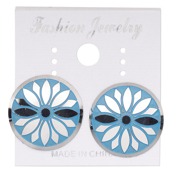 Earstud, stainless steel, blue patina, 20mm round with aster flower design. Sold per pair. image number 0
