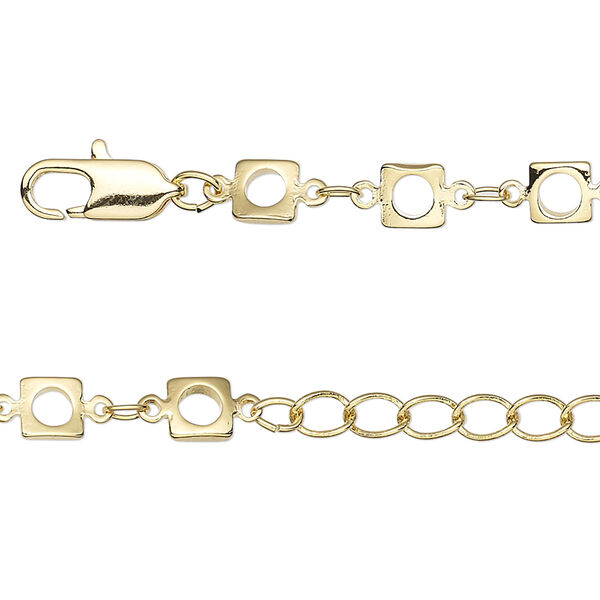 Chain, gold-finished brass, 3x2mm oval and 5x5mm open square, 36 inches with 1-1/4 inch extender chain and lobster claw clasp. Sold individually. image number 0