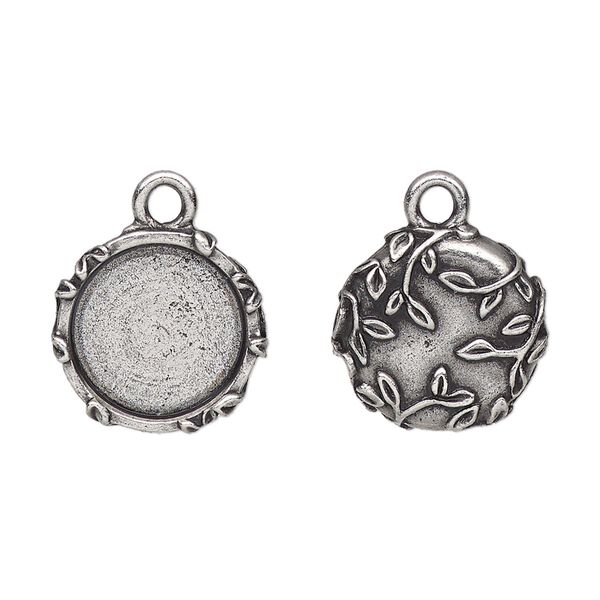 Drop, TierraCast®, antique silver-plated pewter (tin-based alloy), 16mm round with leaf design, 12.5mm cabochon setting. Sold per pkg of 2. image number 0
