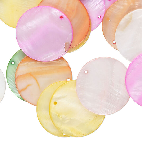 Focal mix, mother-of-pearl shell (bleached/dyed), mixed colors, 30mm flat round, Mohs hardness 3-1/2. Sold per pkg of 100. image number 0