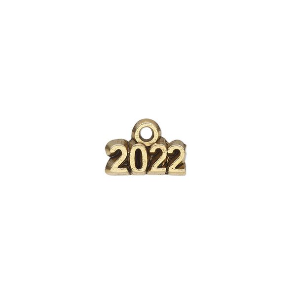 Charm, antique gold-plated "pewter" (tin-based alloy), 13x5mm single-sided "2022." Sold per pkg of 2. image number 0